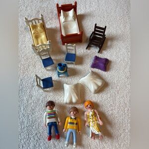 Playmobil Lot, Vintage Furniture + Figures. Beds Blankets Chairs Table